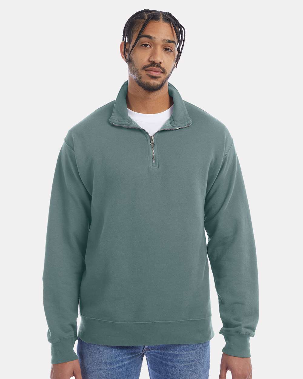 Unisex Garment-Dyed Quarter-Zip Sweatshirt - Cypress Green - XS