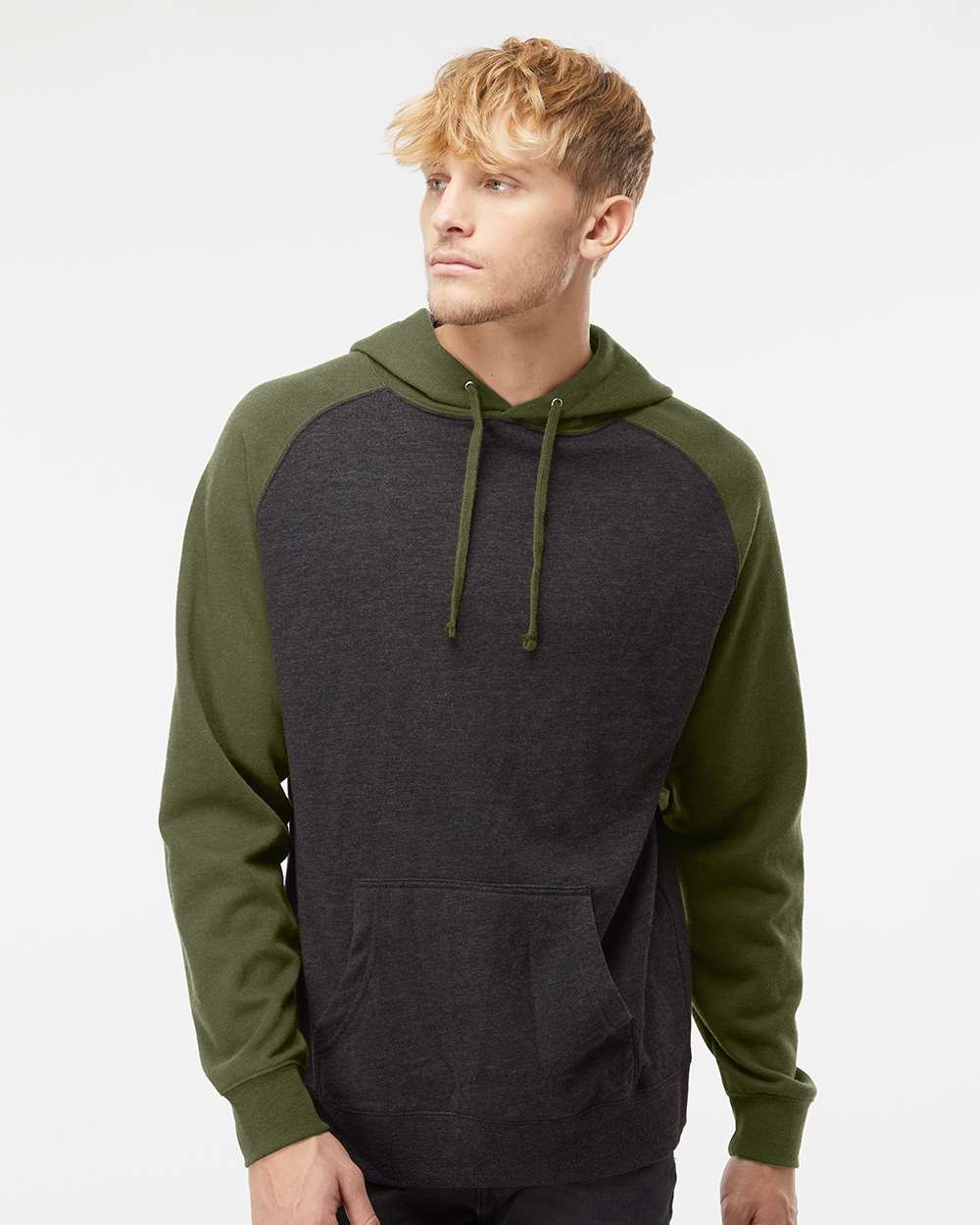 Unisex Raglan Hooded Sweatshirt - Charcoal Heather/ Army Heather - XS