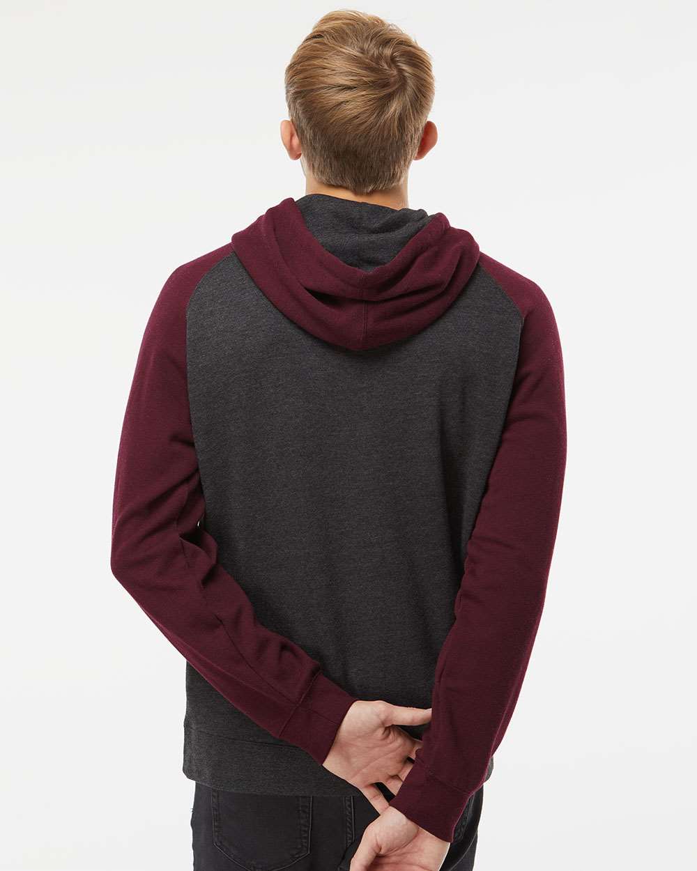 Unisex Raglan Hooded Sweatshirt - Charcoal Heather/ Burgundy Heather - M