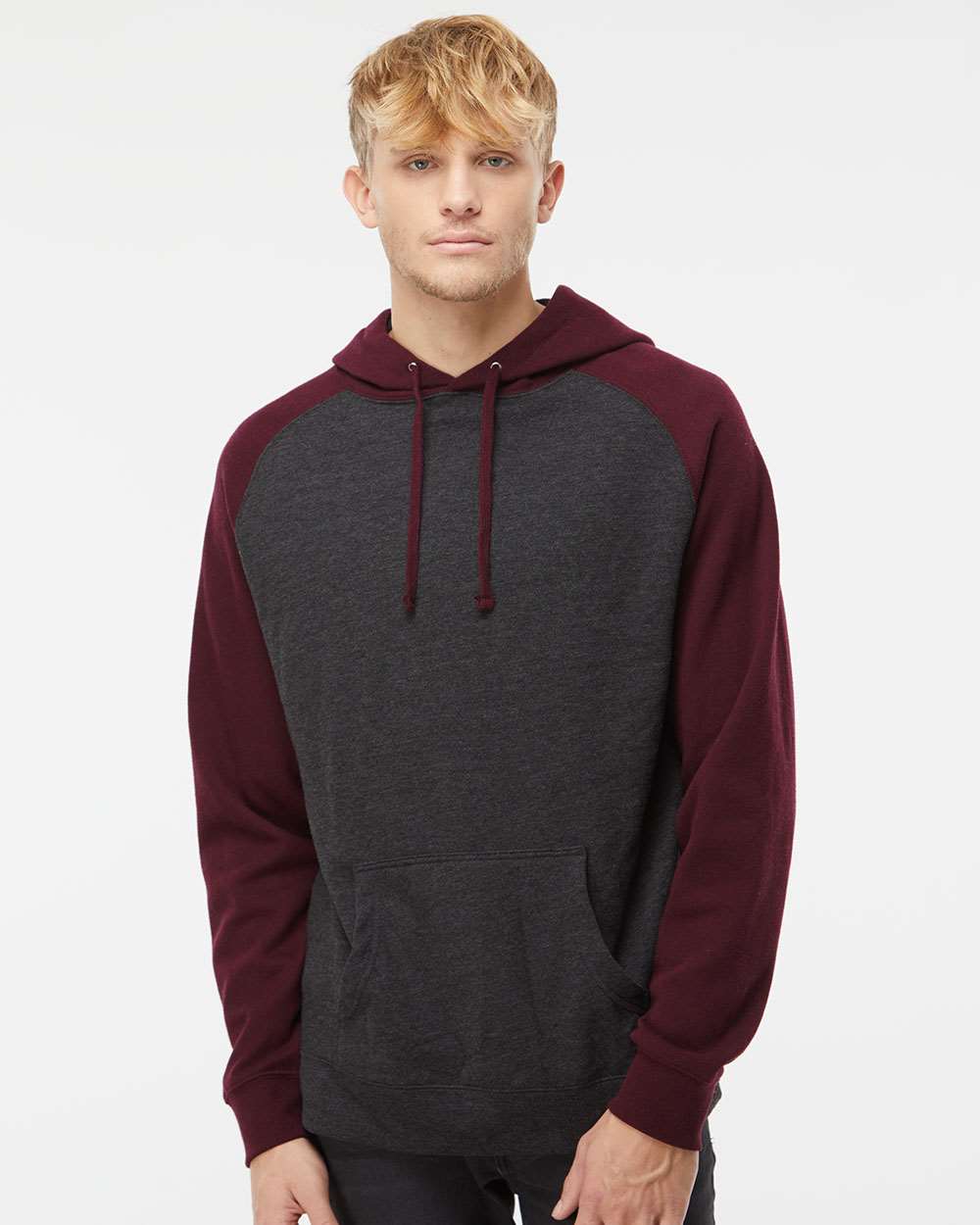 Unisex Raglan Hooded Sweatshirt - Charcoal Heather/ Burgundy Heather - XS