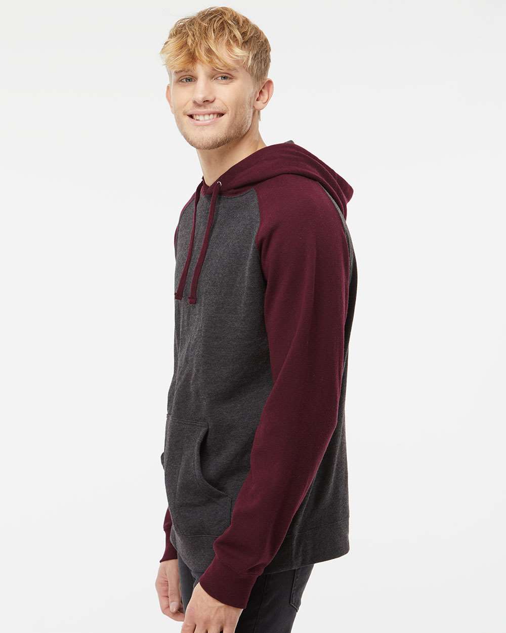 Unisex Raglan Hooded Sweatshirt - Charcoal Heather/ Burgundy Heather - S
