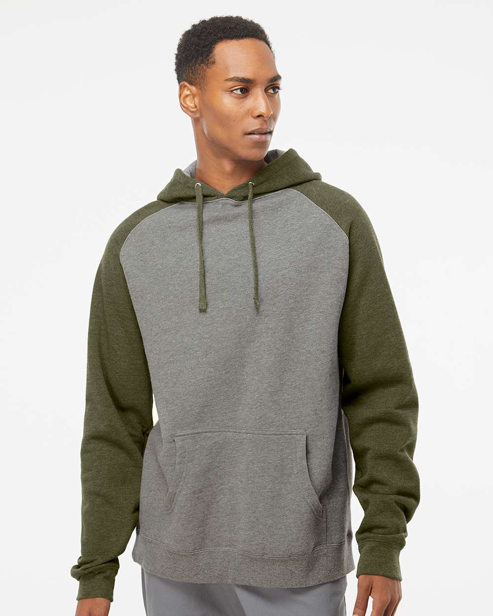 Unisex Raglan Hooded Sweatshirt - Gunmetal Heather/ Army Heather - XS