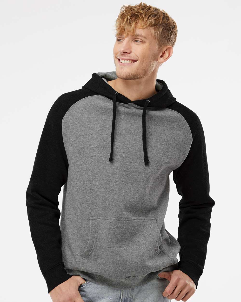 Unisex Raglan Hooded Sweatshirt - Gunmetal Heather/ Black - XS