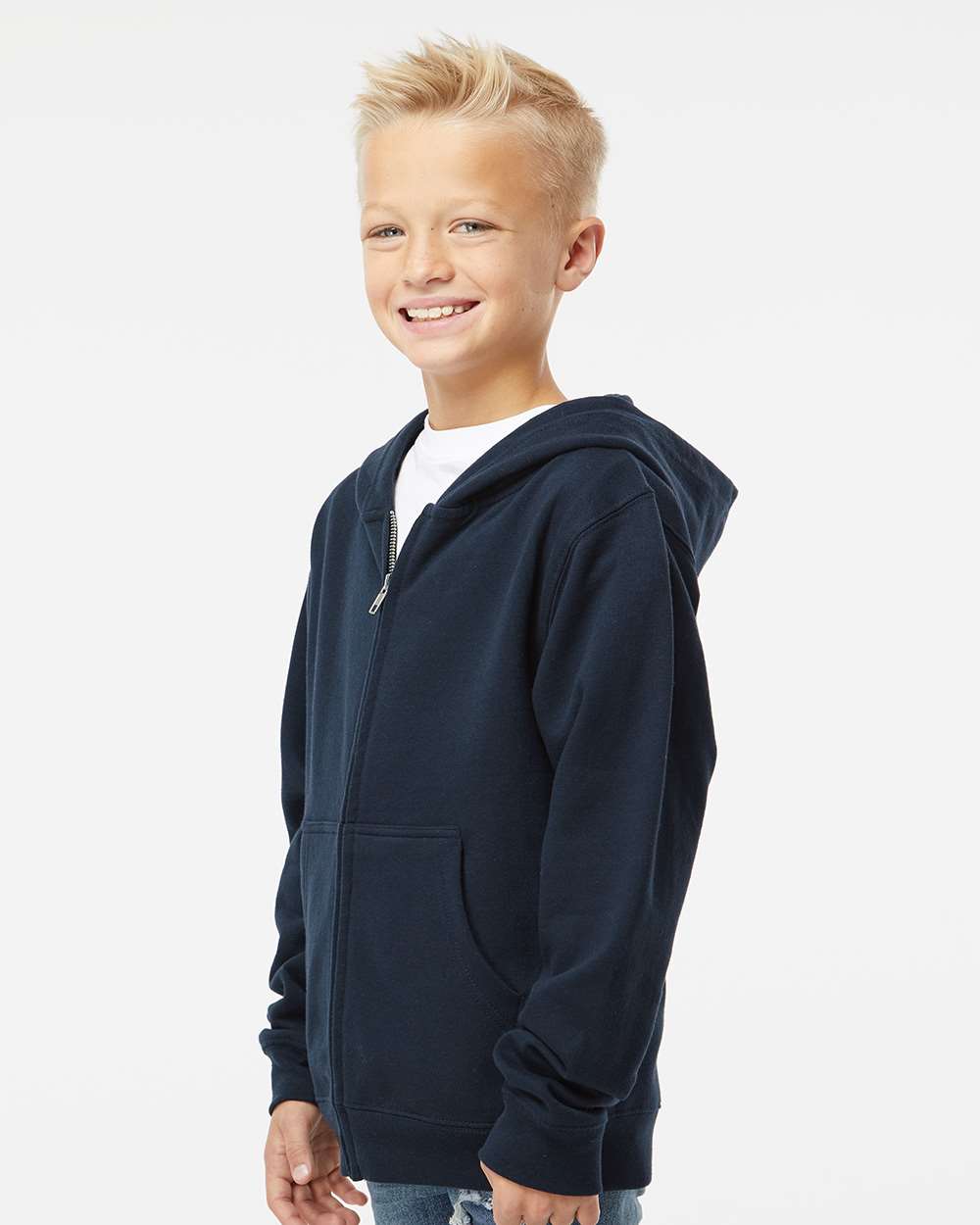 Youth Midweight Full-Zip Hooded Sweatshirt - Navy - S
