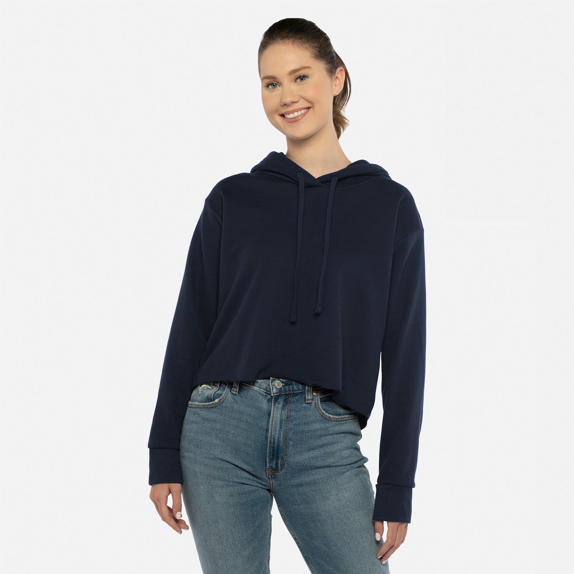 Women's Laguna Sueded Raw Edge Crop Hoodie - Midnight Navy - The American Threads