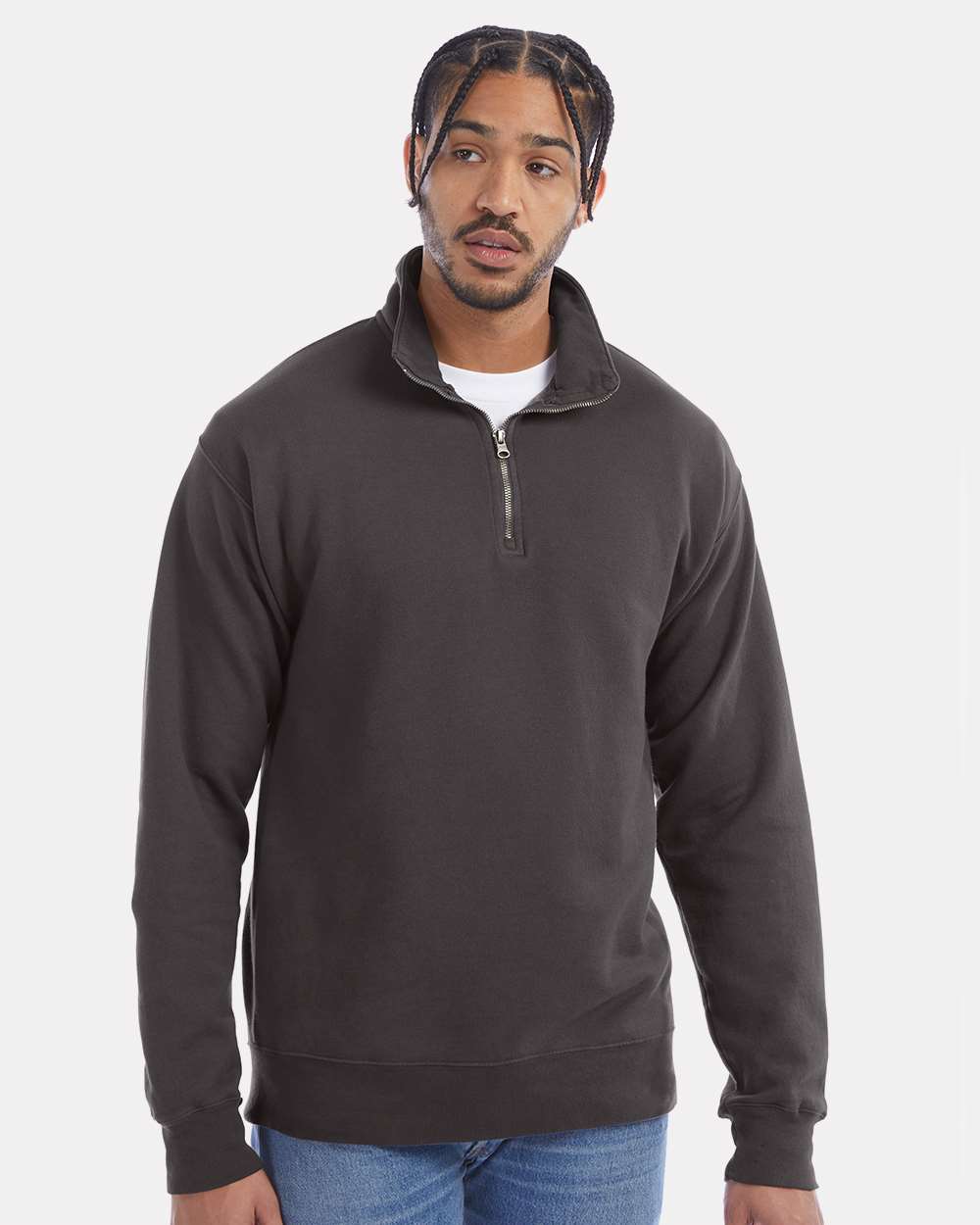 Garment-Dyed Quarter-Zip Sweatshirt in Railroad Grey, front view