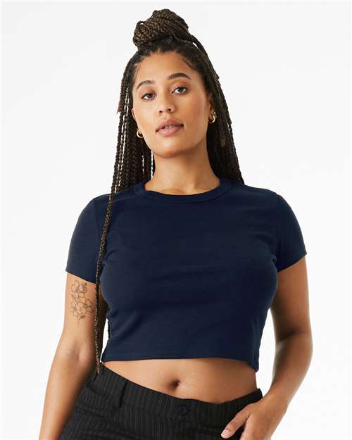 Girls Micro Rib Baby Tee — Cropped Youth T-Shirt - Solid Navy Blend - Front
