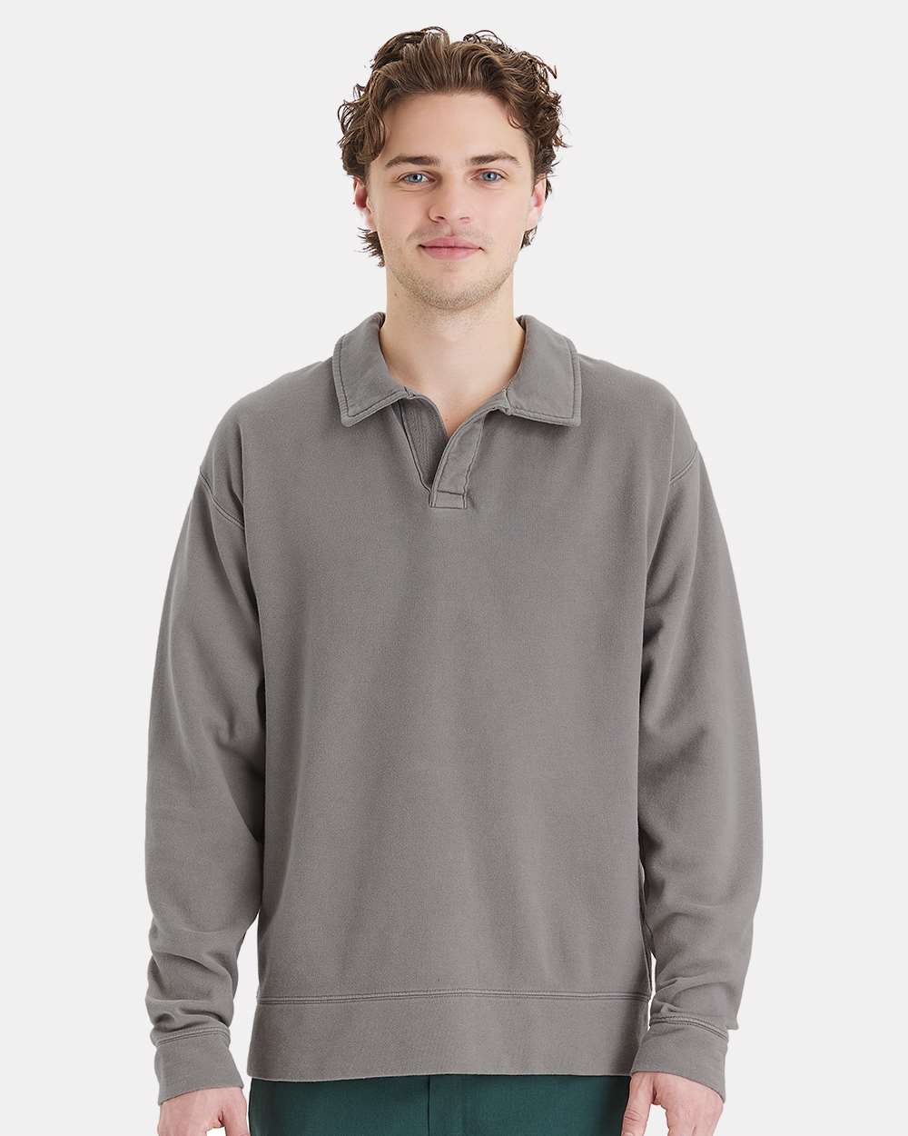 Garment-Dyed Polo Collar Sweatshirt - Concrete Grey - S