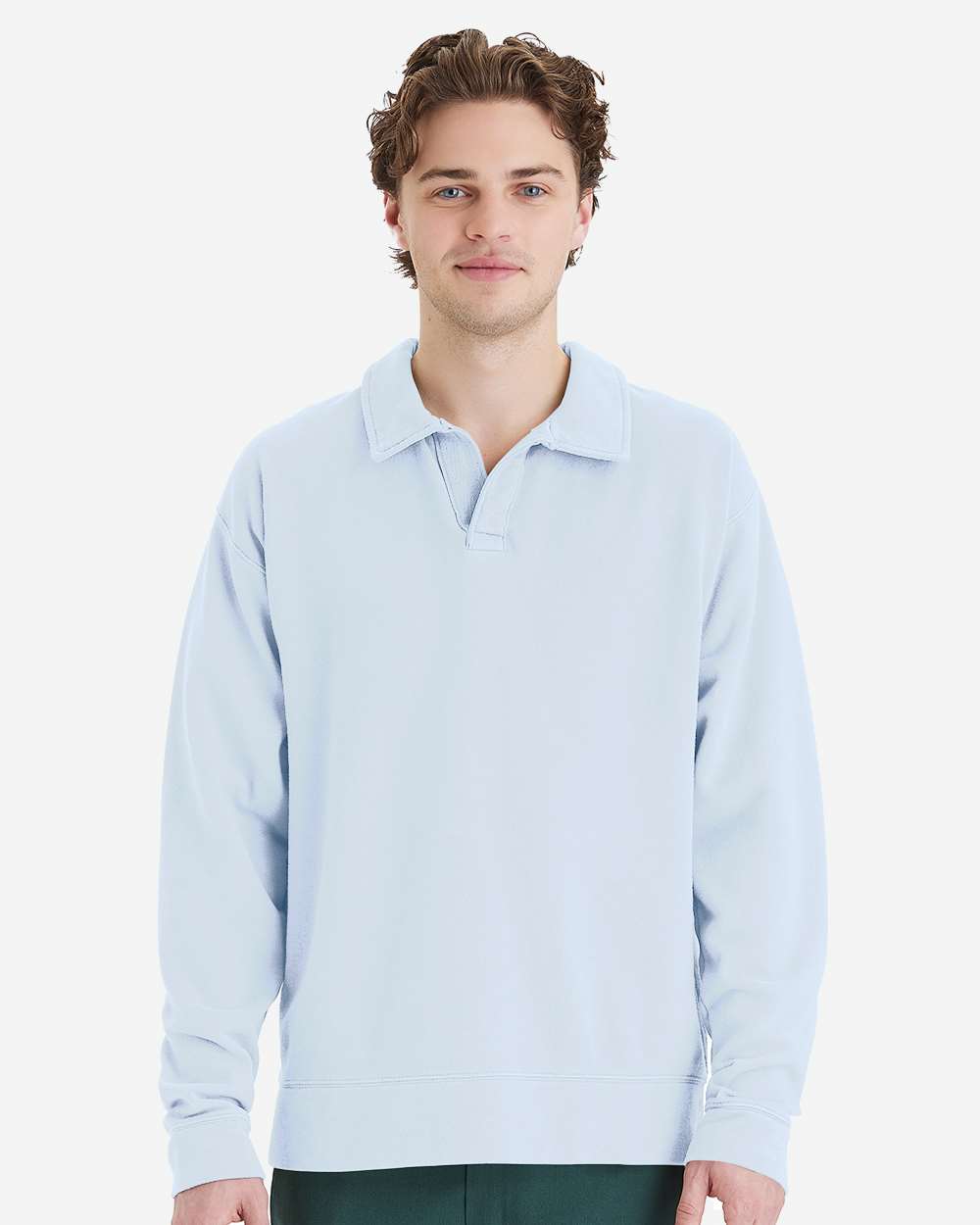 Garment-Dyed Polo Collar Sweatshirt - Soothing Blue - S