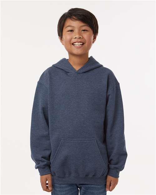 Youth Hooded Sweatshirt — Soft Kids Pullover Hoodie - Heather Denim - Front