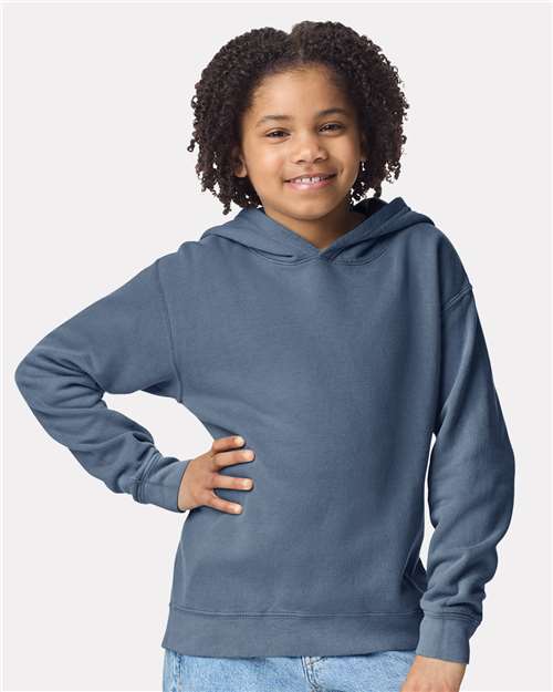 Youth Garment-Dyed Hoodie — Soft Kids Pullover - Blue Jean - Front