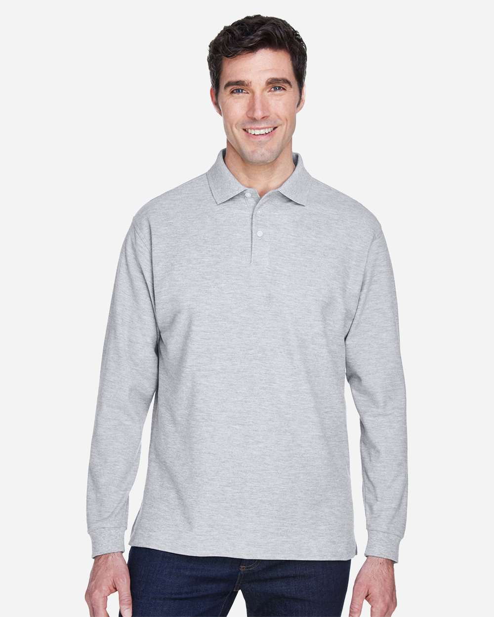 Men's Pima Long Sleeve Polo - Heather Grey - S