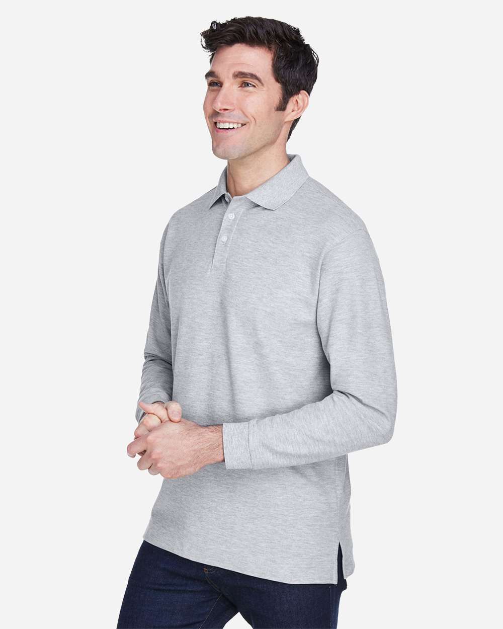 Men's Pima Long Sleeve Polo - Heather Grey - M