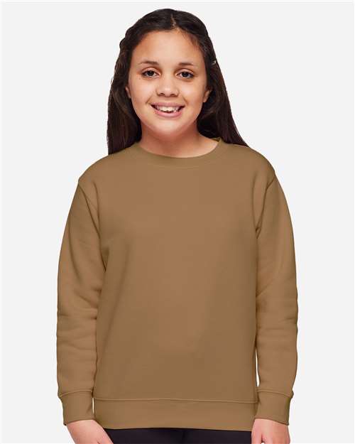 Youth Elevated Fleece Crewneck — Kids Sweatshirt [XS-XL] - Coyote Brown - Front