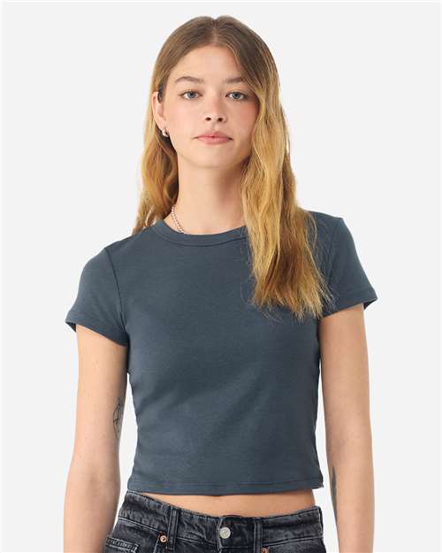 Girls Micro Rib Baby Tee — Cropped Youth T-Shirt - Solid Vintage Navy Blend - Front
