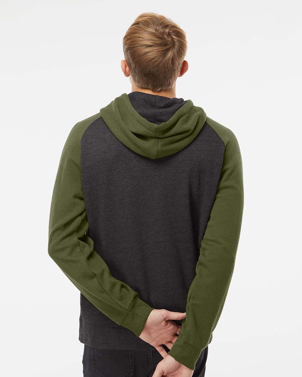 Unisex Raglan Hooded Sweatshirt - Charcoal Heather/ Army Heather - M