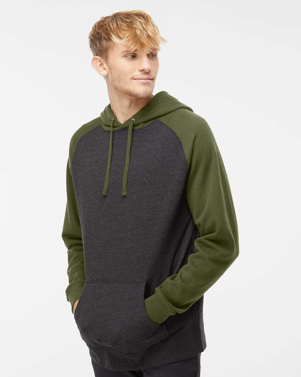Unisex Raglan Hooded Sweatshirt - Charcoal Heather/ Army Heather - S