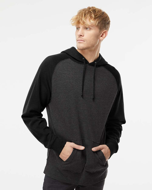 Unisex Raglan Hooded Sweatshirt - Charcoal Heather/ Black - XS
