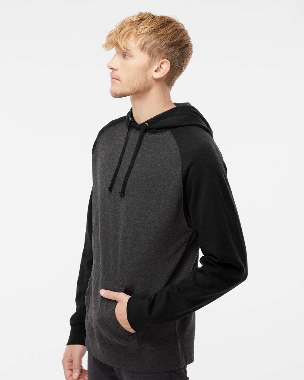 Unisex Raglan Hooded Sweatshirt - Charcoal Heather/ Black - S