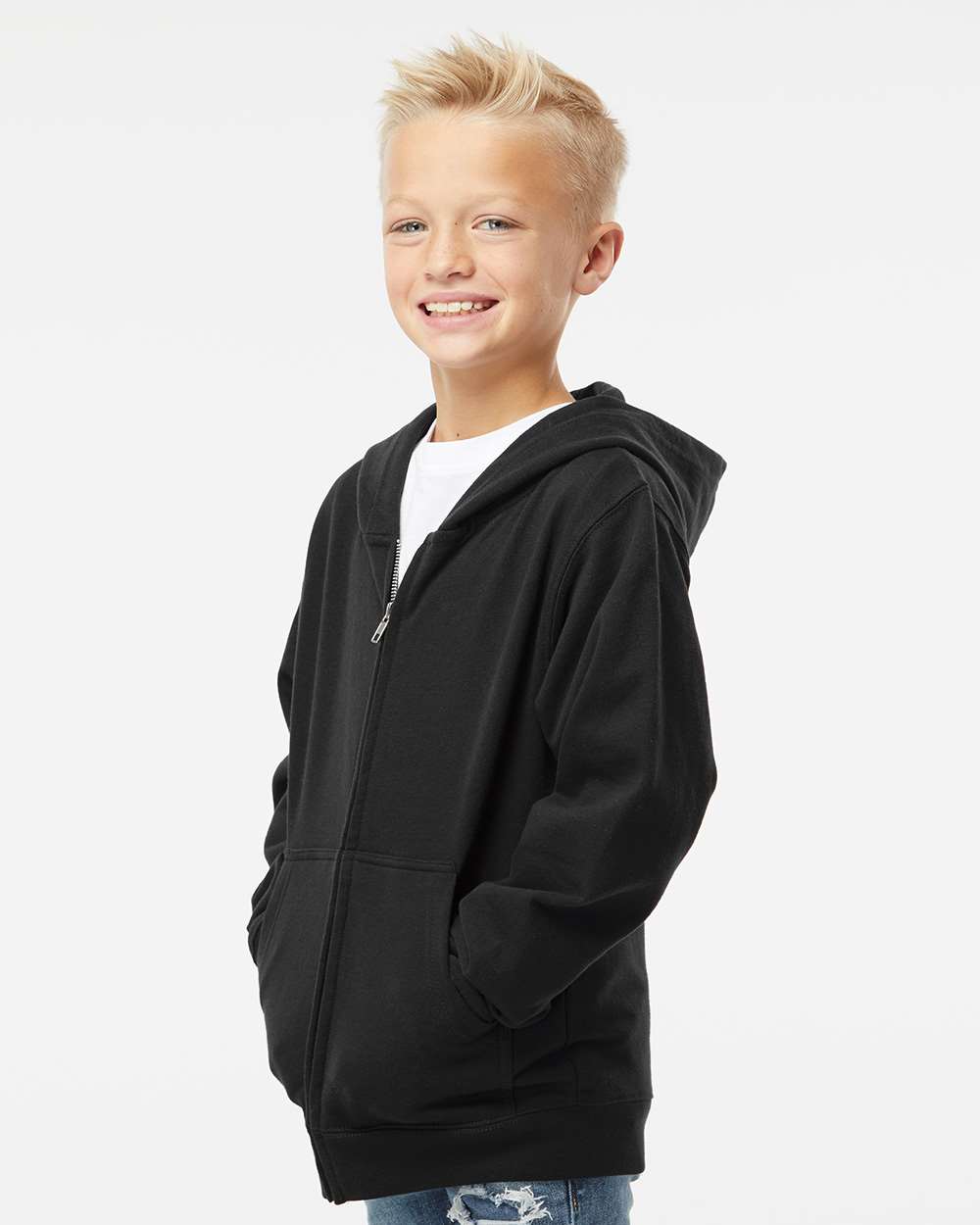 Youth Midweight Full-Zip Hooded Sweatshirt - Black - S