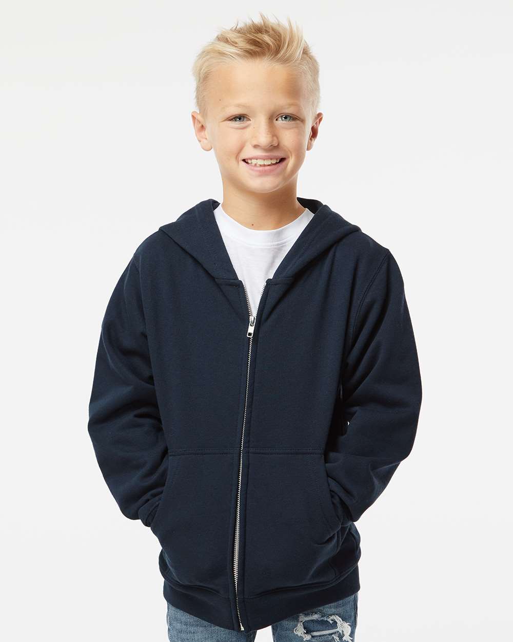 Youth Midweight Full-Zip Hooded Sweatshirt - Navy - XS