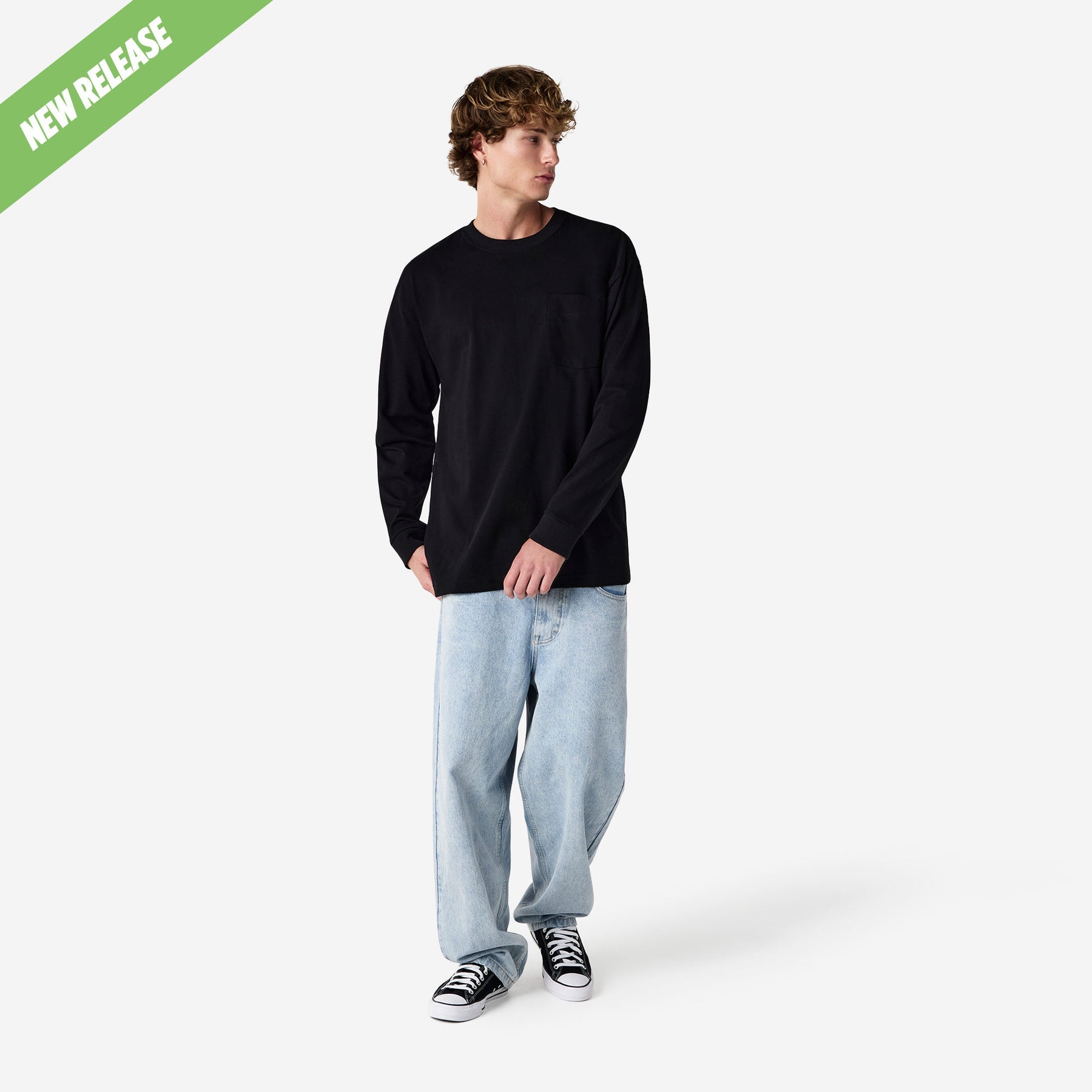Heavyweight Long Sleeve Pocket Tee – Black - XL