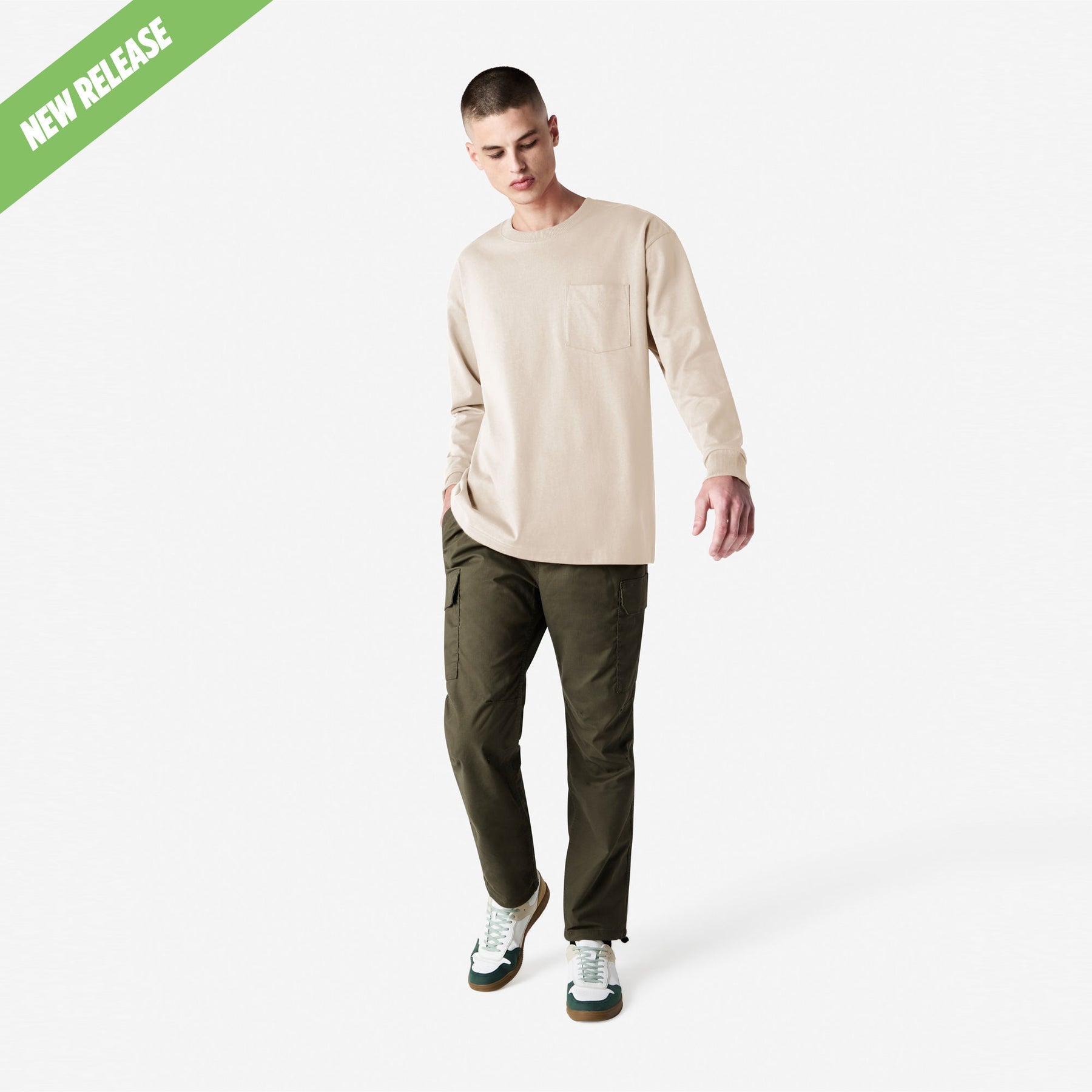 Heavyweight Long Sleeve Pocket Tee – Bone - XL