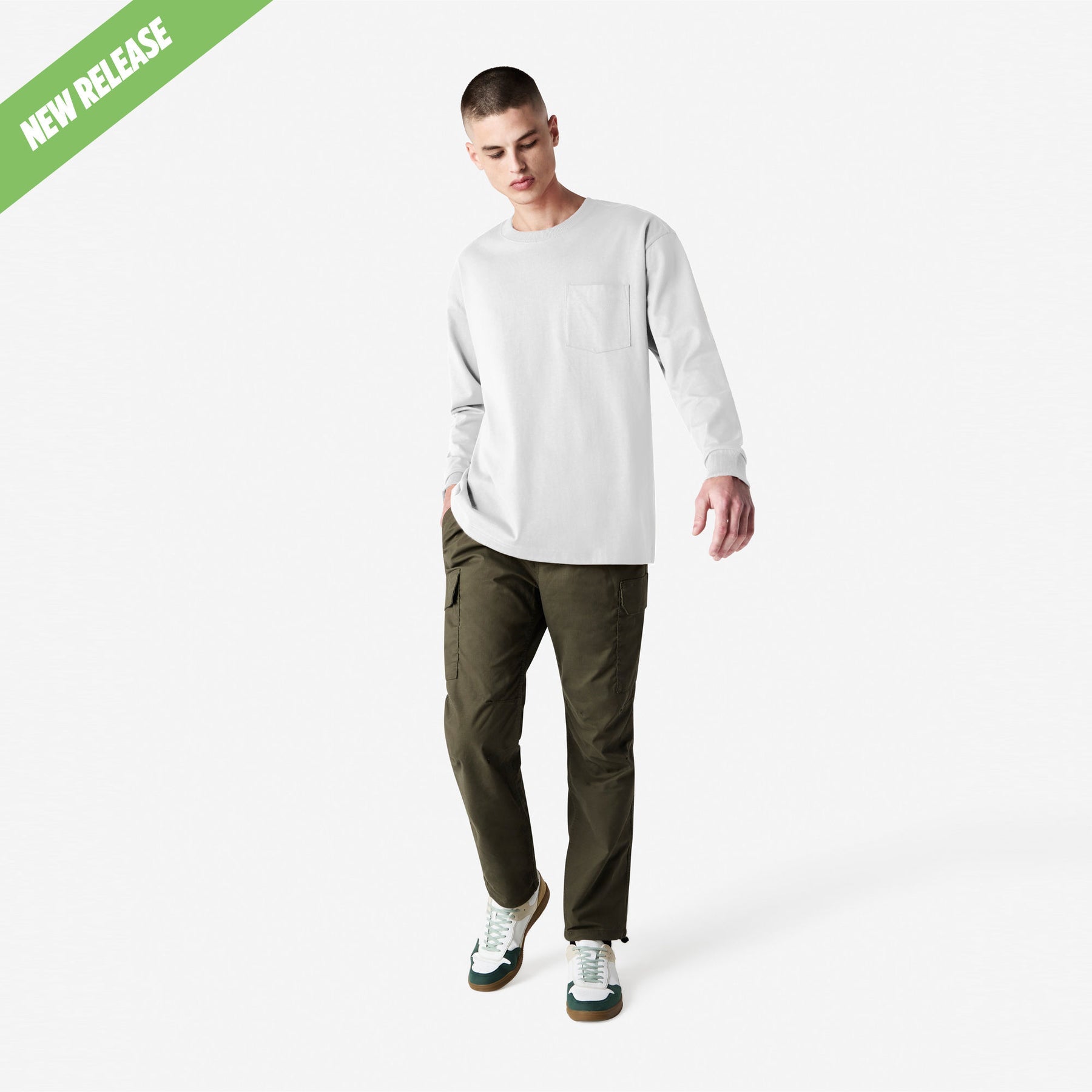 Heavyweight Long Sleeve Pocket Tee – White - XL