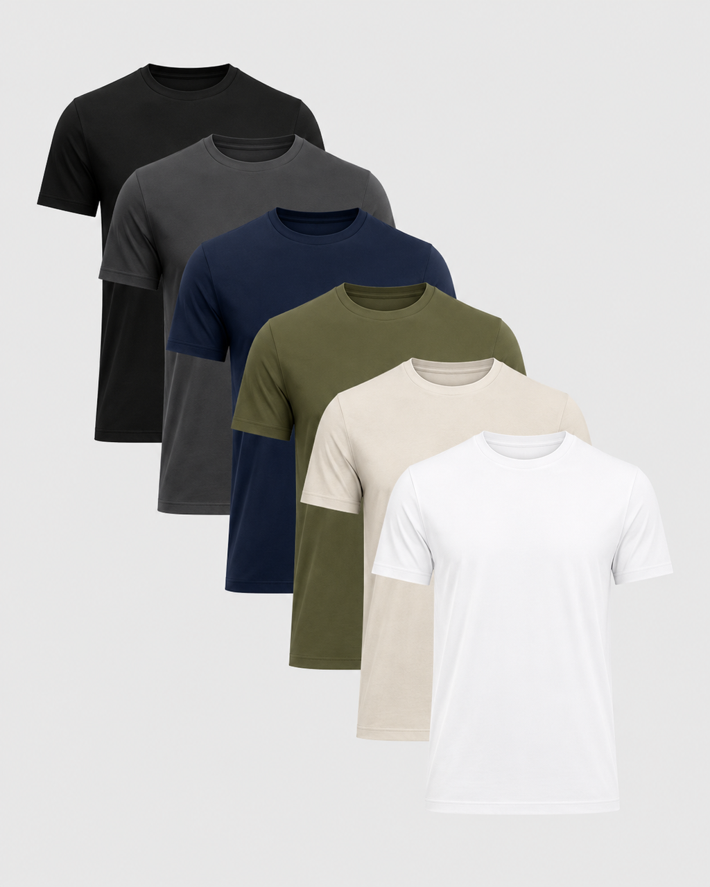 Premium Heavyweight Cotton T-Shirt 6-Pack in all six colors: Black, Carbon, Navy, Military Green, Heather Grey, and White