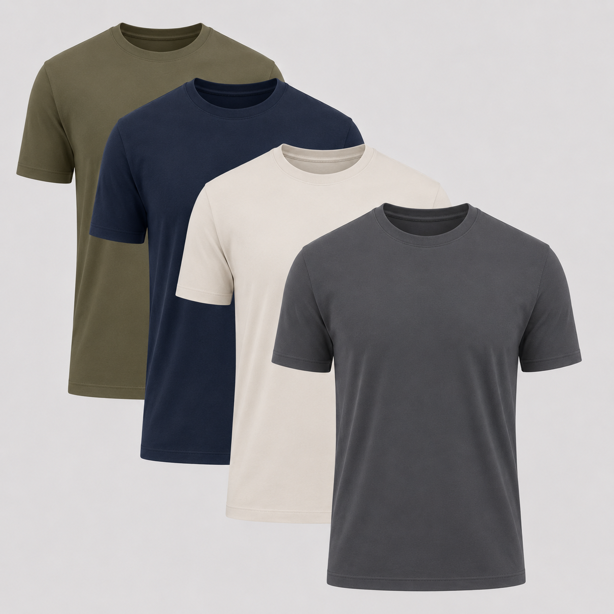 Premium Heavyweight Cotton T-Shirt 4-Pack in Military Green, Navy, Heather Grey, and Carbon
