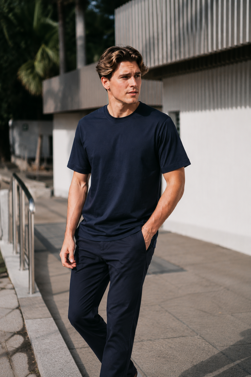 Man walking in navy Premium Heavyweight Cotton T-Shirt, full body outdoor lifestyle shot