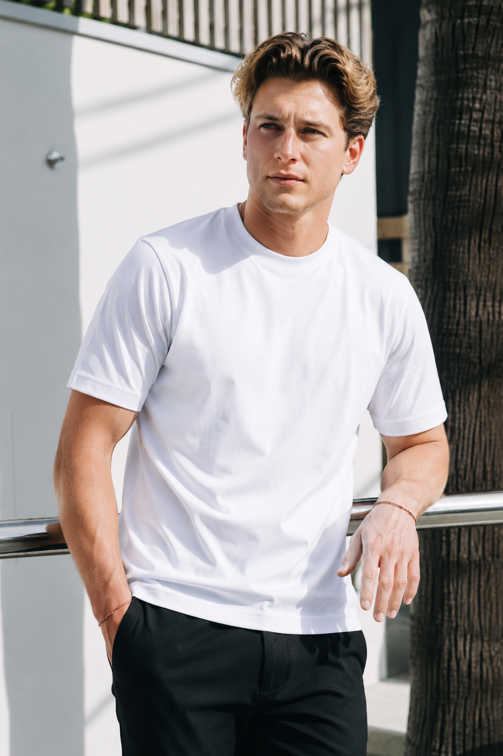 Men's white Premium Heavyweight Cotton T-Shirt on model, relaxed fit front view showing sleeve length
