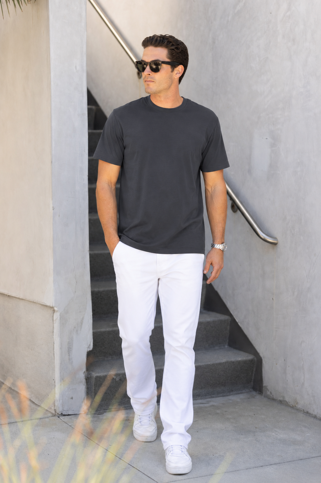 Carbon Premium Heavyweight Cotton T-Shirt styled with white pants and sunglasses, urban street look