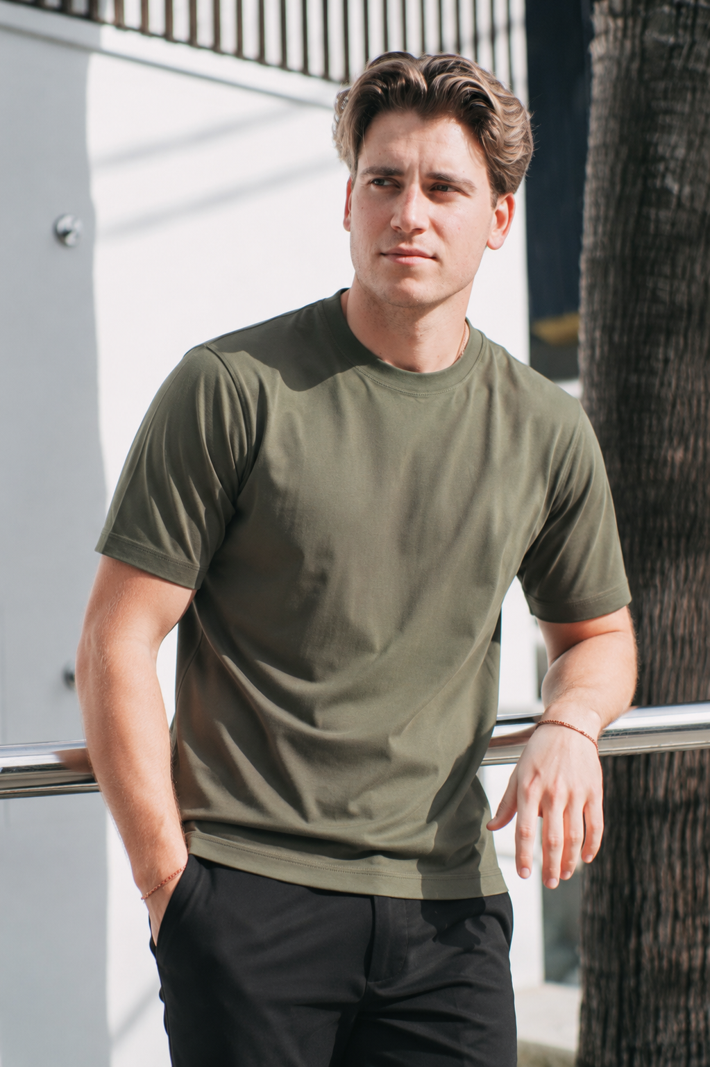 Men's military green Premium Heavyweight Cotton T-Shirt on model, half body front view