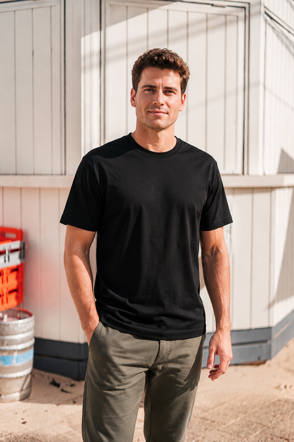 Black Premium Heavyweight Cotton T-Shirt on model, front standing view showing 210 GSM heavyweight construction