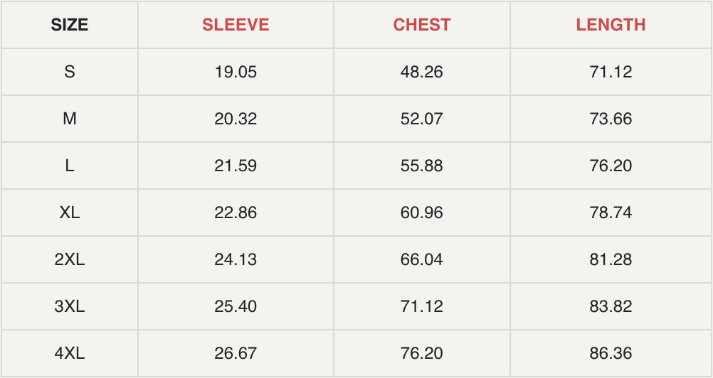 Size Chart CM